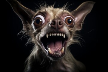 Close up of funny crazy chihuahua with angry face and open mouth on black background
