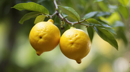 A closeup of a couple of Lemons hanging on a branch with a defocused background - AI Generative