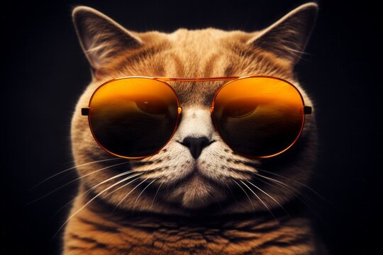 Portrait of a cool ginger cat wearing sunglasses on black background