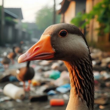 animals duck among garbage.Save animals environmental problems background image