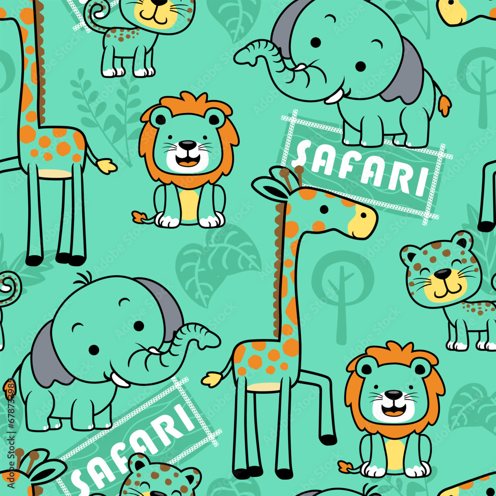 Wall mural Seamless pattern vector of cute safari animals cartoon