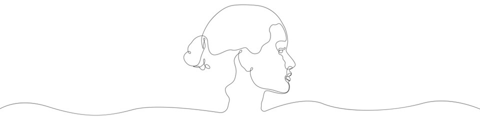 Female face sign line continuous drawing vector. One line Gentle face in profile vector background. Woman's hairstyle icon. Continuous outline of Fragile woman. Linear beautiful face symbols.