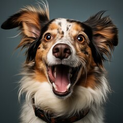 Portrait of excited border collie on gray background. Happy and surprised, funny dog with open mouth