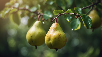 A closeup of a couple of Pears hanging on a branch with a defocused background - AI Generative