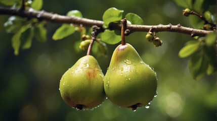 A closeup of a couple of Pears hanging on a branch with a defocused background - AI Generative