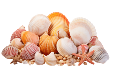 Decorations of seashell, ocean mollusk and starfish isolated on transparent background, cutout png file