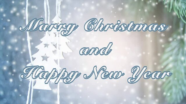 Merry Christmas and Happy New Year words design. Small wooden white Christmas trees on string on background of white-blue surface and green Christmas tree branch. Falling snow snowflakes snowfall