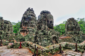 Bayon Temple - Masterpiece of Khmer Architecture built as a Buddhist temple by Jayavarman VII with...