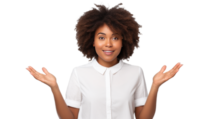 Afro-american woman wearing a white shirt with arms open and both palms facing up on a cutout PNG transparent background