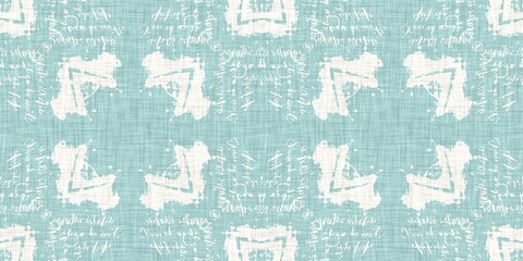 Aqua teal blue white vibrant watercolor batik azulejos tile border banner background. Seamless coastal blur linen effect geometric mosaic effect.Boho Patchwork nautical masculine summer ribbon trim.  - obrazy, fototapety, plakaty