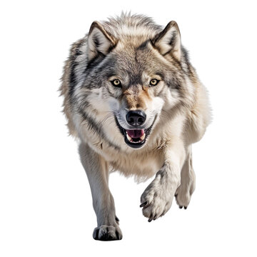 front view of a wolf animal running towards the camera on a white transparent background 