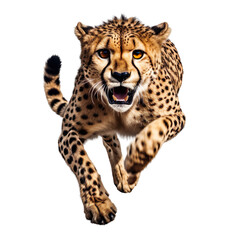 front view of a cheetah animal running towards the camera on a white transparent background 