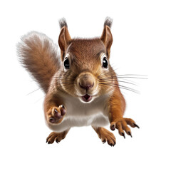 front view of a squirrel animal running towards the camera on a white transparent background 