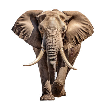 front view of a elephant animal running towards the camera on a white transparent background 