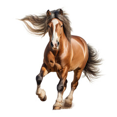 front view of a wild stallion animal running towards the camera on a white transparent background 