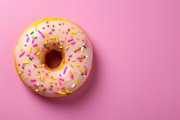 Donuts with colored sprinkles on a pink background - obrazy, fototapety, plakaty