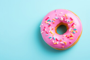 Glazed donut in pink glaze with colored sprinkles