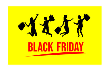 Black Friday sale banner with people jumping for joy holding shopping bag. Big promotion discount. Big sale concept. promotion flyer. Special offer. November Promotion.