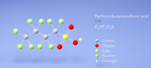 perfluorobutanesulfonic acid molecule, molecular structures, pfbs, 3d model, Structural Chemical Formula and Atoms with Color Coding