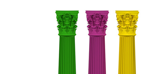 3D rendered 3 colored corinth columns on white background with copy space. Thanks to the Clipping Path feature, you can easily change the background of the object in any way you want.
