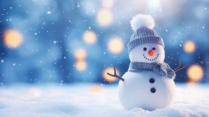 Fototapeta premium Christmas winter background with snowman in snow