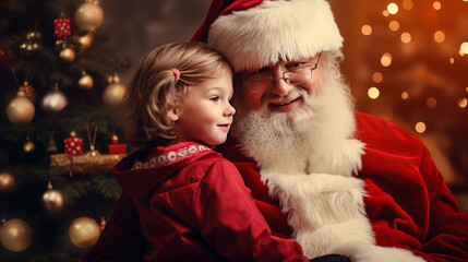 Fototapeta na wymiar A child in the arms of Santa Claus near the Christmas tree