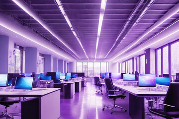 Fototapeta na wymiar Modern futuristic business neon cyberpunk open space office interior.Corporate strategy for finance, operations,marketing.Tables with computers for work.Technology Concept.