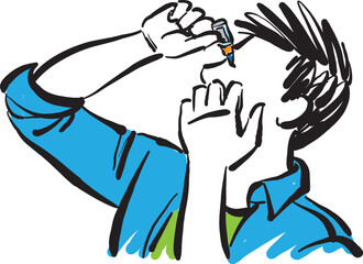 man applying eye drops health care doodle vector illustration
