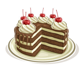 Vector illustration of Chocolate Cake, square poster with cartoon design layered chocolate cake on dish, decorated maraschino berry in twisted cream, wedding choco cake, isolated on white background