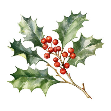 Beautiful holly tree, ilex branch with red berrie. Vintage Christmas watercolor illustration for greeting cards, invitations, decorative web banners. Artistic painted winter plant. Isolated floral