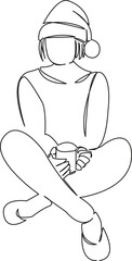 girl in santa claus hat drinks coffee