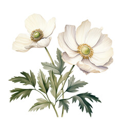 Beautiful white anemone flower with green leaves. Vintage Christmas watercolor illustration for greeting cards, invitations, web banners. Artistic painted winter, spring plant. Isolated floral element - obrazy, fototapety, plakaty