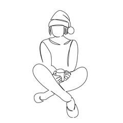 girl in santa claus hat drinks coffee