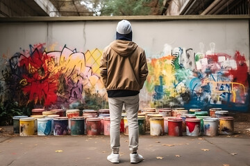 Colorful graffiti art on city street with one person