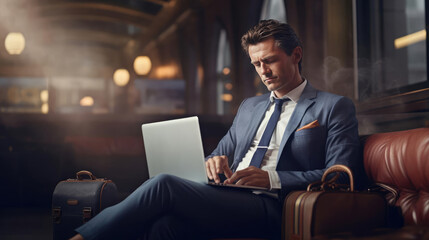 Businessman with laptop working in airport lounge