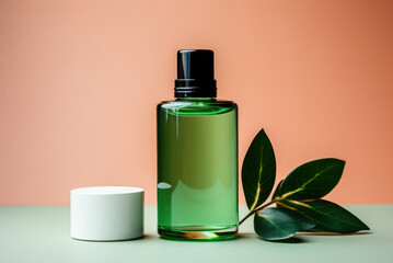 Plastic cosmetic jar with a branch of green leaves