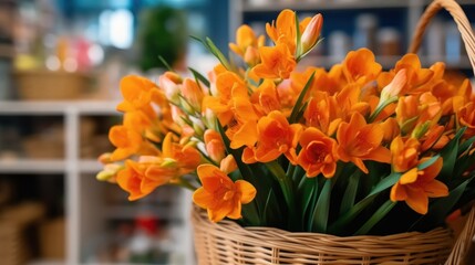 Orange freesia flowers in a wicker basket. Springtime Concept. Mothers Day Concept with a Copy Space. Valentine's Day.