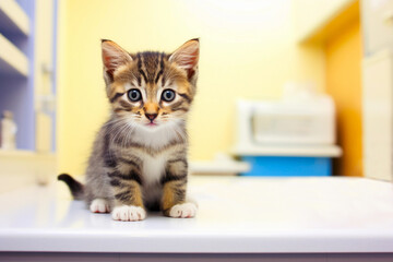 A kitten on the vet's office table. Animal health and care.