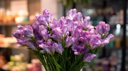 bouquet of purple freesia flowers in a vase. Springtime Concept. Mothers Day Concept with a Copy Space. Valentine's Day.
