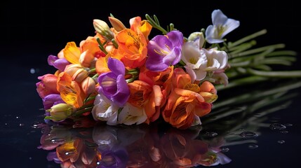 Beautiful freesia flowers on a black background. Springtime Concept. Mothers Day Concept with a Copy Space. Valentine's Day.
