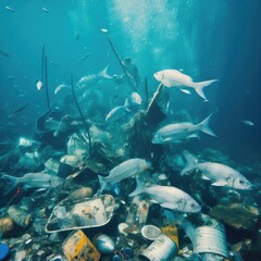 Fototapeta na wymiar animals fish among garbage.Save animals environmental problems background image