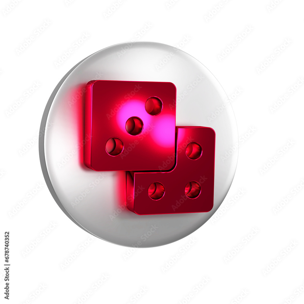 Poster red game dice icon isolated on transparent background. casino gambling. silver circle button.