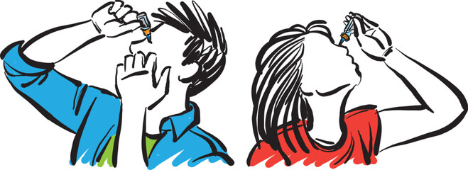 man and woman 2 applying eye drops health care doodle vector illustration