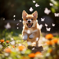 蝶を追いかけて春の日差しの中を走り回る子犬