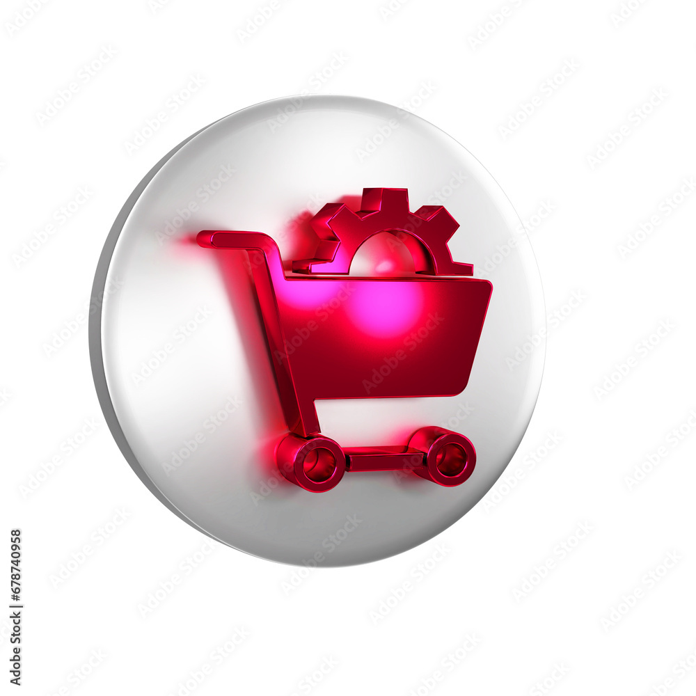 Sticker Red Shopping cart icon isolated on transparent background. Online buying concept. Delivery service. Supermarket basket. Silver circle button.