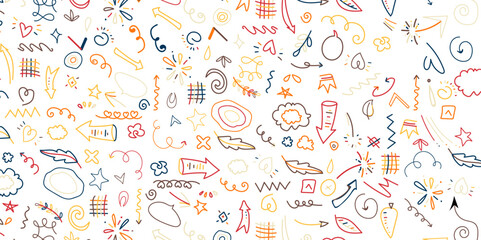 seamless pattern. Cute doodle seamless background. Funny colorful background. Kids creative design. Hand drawn lines on a white background.
