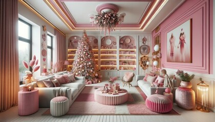 Stylish and elegant pink-themed room beautifully decorated for the holiday season with a glowing christmas tree