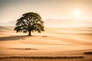 A serene countryside landscape unfolds, with a solitary tree standing tall in the middle of a vast field.