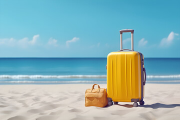 Yellow suitcase with accessories on sand beach, blue sea and blue sky, summer travel concept.