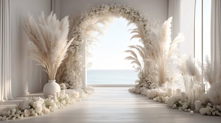 Backdrop of white boho minimalist room with arch and flowing white curtains, white wedding flowers, oversize white pampas grass, oversize white ginko flowers, white floring, volumetric ligh